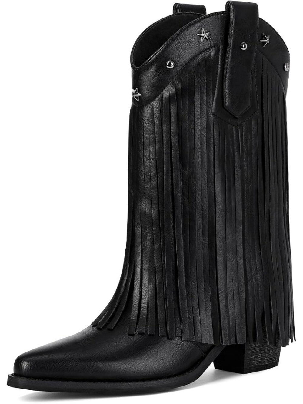 Women's Black Faux Suede Fringe Cowgirl Boots Star Studded Mid Calf Chunky Heel